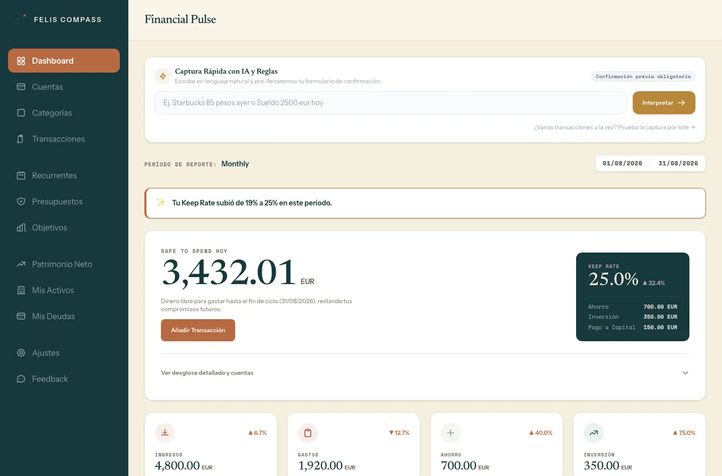 Panorama financiero de ejemplo en Felis Compass: cuentas, Safe to Spend y Net Worth